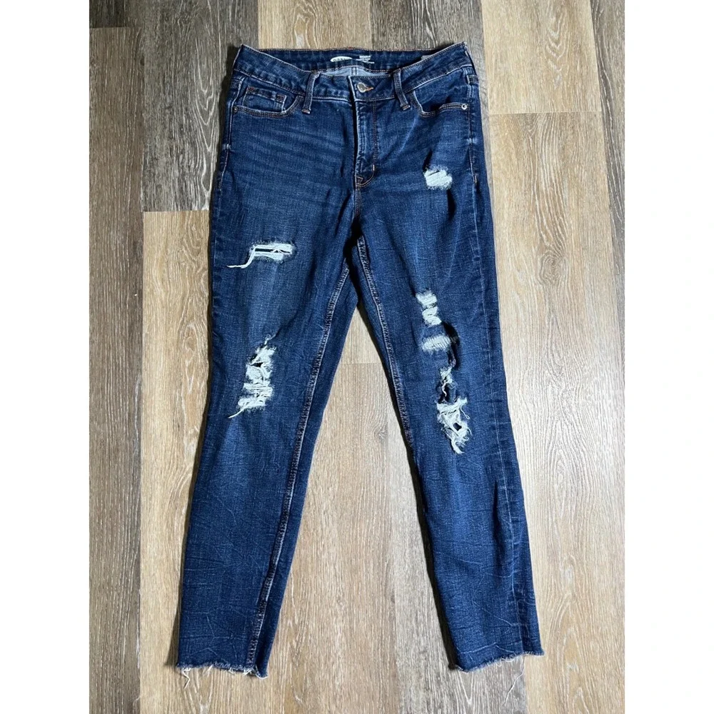 Old Navy Rockstar Super Skinny Jeans Womens 6 Dark Wash Good Distressed Raw‎ Hem